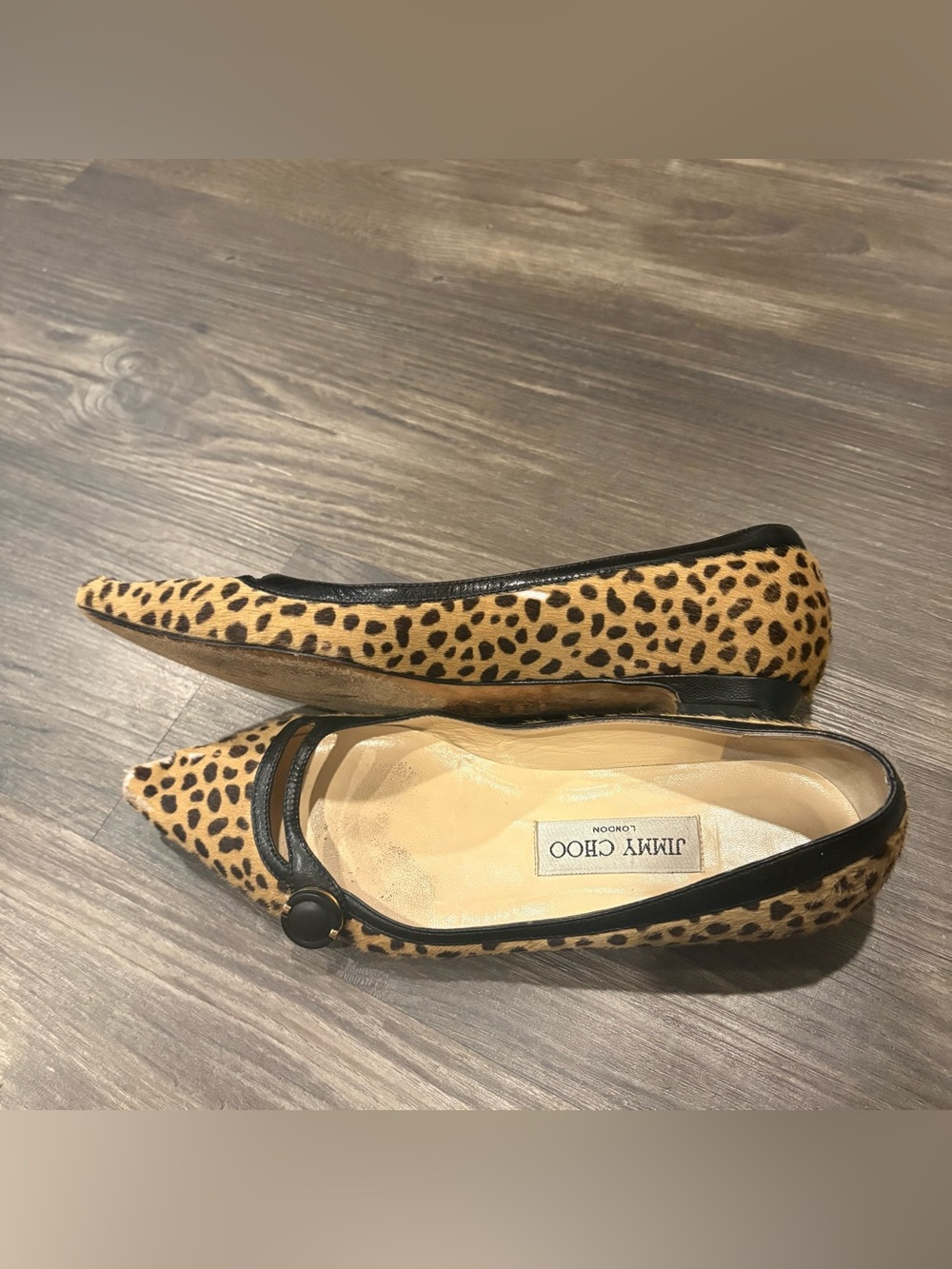 Jimmy Choo Leopard Print Pointed Toe Flats - Tan & Black